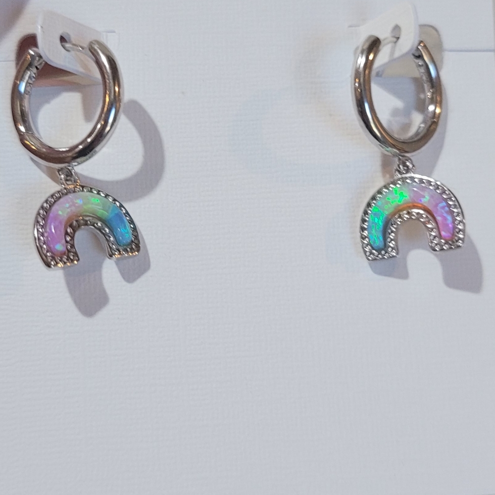 NWT Kendra Scott Rainbow Kyocera Opal Huggie Earrings in Silver Pastel - Picture 7 of 10